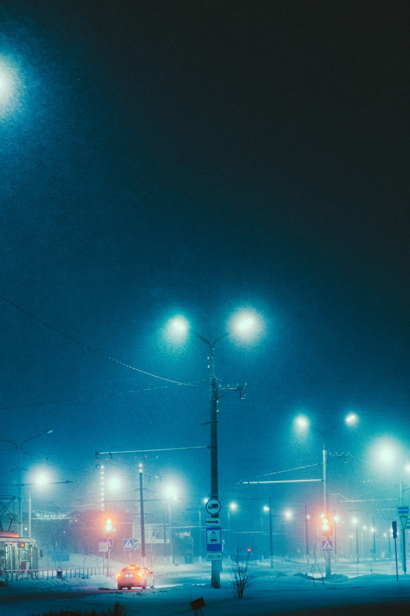 Streetlights illuminate a foggy, dark night scene.